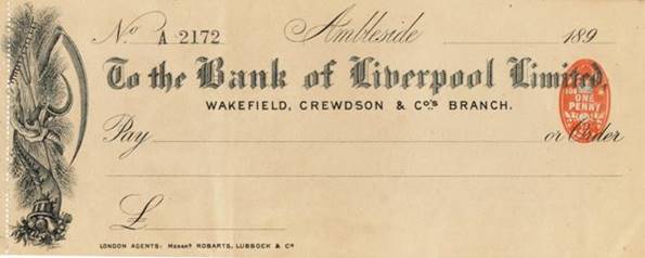 1897 Bank of Liverpool Wakefield Crewdson Ambleside Cheque MBA